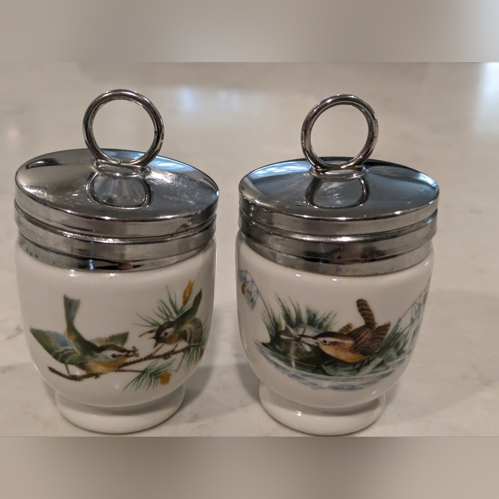 Set of 2 Royal Worcester Colored Salt Sugar Holders - Screw - On Lid. metal Lid